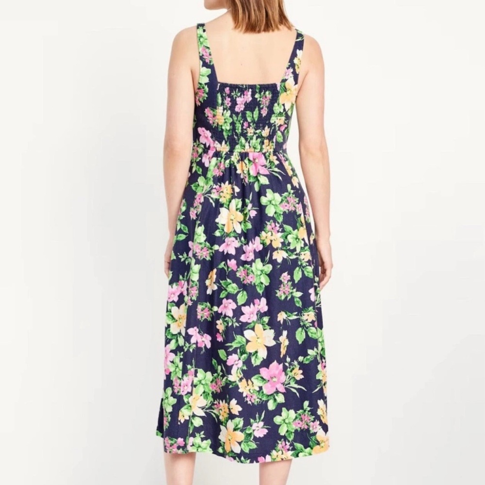 Old Navy Fit & Flare Sleeveless Navy Floral Linen Blend Midi Dress Cottage XS - Picture 2 of 7